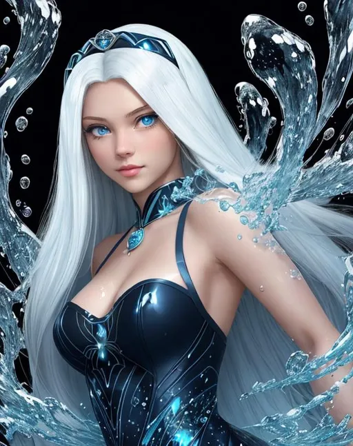 Prompt: A beautiful young 15 year old ((British)) Water elemental with light skin and a beautiful face. She has long white hair and white eyebrows. She wears a beautiful dark blue dress. She has brightly glowing dark blue eyes and water droplets shaped pupils. She wears a blue tiara. She has a blue aura around her. She is using water magic in battle against a space monster at the beach. Epic battle scene art. Full body art. {{{{high quality art}}}} ((goddess)). Illustration. Concept art. Symmetrical face. Digital. Perfectly drawn. A cool background.