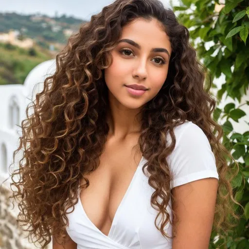 Prompt: Only Fans model, modest and beautiful, christian garment, light brown long curly hair, brown eyes, white skin tone, short girl, in Greece, God fearing woman, virtuous, feminine features and dignity.