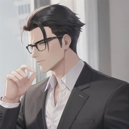 Prompt: Best quality high-quality 4K detailed Shadows man handsome, muscular business suit black hair glasses 