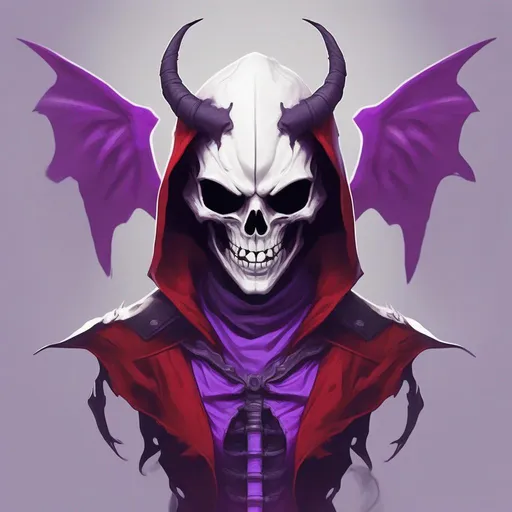Prompt: demon with a mask, skeleton styled wings, violet hood on, red shirt, white mask with a smile 