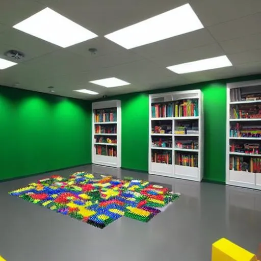 Prompt: a backrooms level made out of lego bricks with green-colored walls, a flickering fluorescent light in the corner, and a single door at the far end. the floor is covered in pieces of discarded lego bricks, and just out of frame, there's a pile of half-built lego sets.((high resolution rendering)), ((camera set to the floor level to enhance the "backrooms" aesthetic)), ((reminiscent of the studded lego bricks of the 1980s))