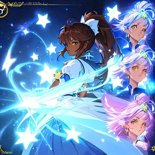 Prompt: A character sheet of an anime magical girl with  hair and dark skin, long hair, covered in stars. blue accents on outfit. holding a wand Concept Art. puffy skirt. Card captor Sakura inspired.  reference sheet, different expressions,  different poses, concept sheet, side profile, back proflie, beautiful face, ponytail, highly detailed, clear face and body