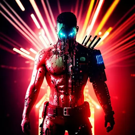 Prompt: A mutated cyborg dripping blood, full body shot, post apocalyptic, neon lights , blurd back ground,