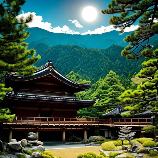 Prompt: japanese house, horror, at midnight ,  full moon over the mountains, mountain , dark forest , fire's ,  samurai, fight