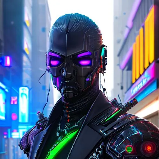 Prompt: UHD, , 8k, high quality, neon lighting, cyberpunk, hyper realism, Very detailed,  clear visible face, male futuristic assassin, he is wearing a armor plated suit, he is standing in a city street