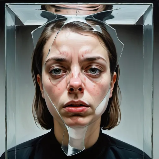 Prompt: spanish female, teenage, head, noir, figurative, human figure, abstract, existentialism, francis bacon, uncomfortable, broken glass