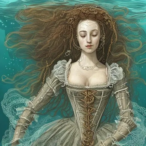 Prompt: woman in 16th century dress underwater sleeping.  hair, elaborate hair, fabric, lace, bubbles.