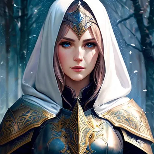 Prompt: paladin, leather armor, caplet and hood, female elf, tattoo on cheek, UHD, 8K, high fantasy, (((art by Agnes Cecile))), 
