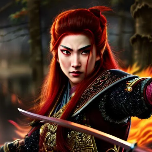 Prompt: Red-haired beautiful samurai with a katana emanating a red aura, fantasy, highly detailed red sparkling glowing eyes, intricate, wearing martial artist related clothing, highly-detailed, large landscape, mechanics, dramatic lighting, gorgeous face, lifelike, stunning, anime woman face, long luxurious red hair, digital painting, large, artstation, illustration, concept art, smooth, sharp focus, highly detailed painting, looking at viewer, portrait, photography, detailed skin, realistic, photo-realistic, 8k, highly detailed, full length frame, High detail, full body art