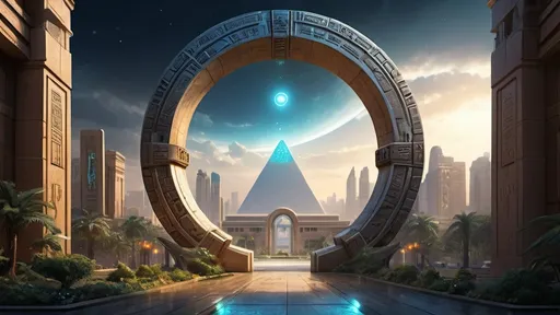 Prompt: magical portal between cities realms worlds kingdoms, circular portal, ring standing on edge, upright ring, freestanding ring, hieroglyphs on ring, complete ring, ancient egyptian architecture, gardens, hotels, office buildings, shopping malls, large wide-open city plaza, panoramic view, night, futuristic cyberpunk dystopian setting