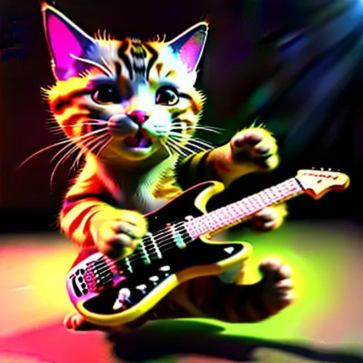 Prompt: cat playing the electric guitar, HD, high resolution, 4k, 3d, third person, make cat dance on its hind legs, 
