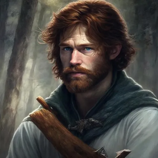 Prompt: A fantasy ranger man, age 40. Dressed in huntsman clothes. Red hair and beard. Epic painting