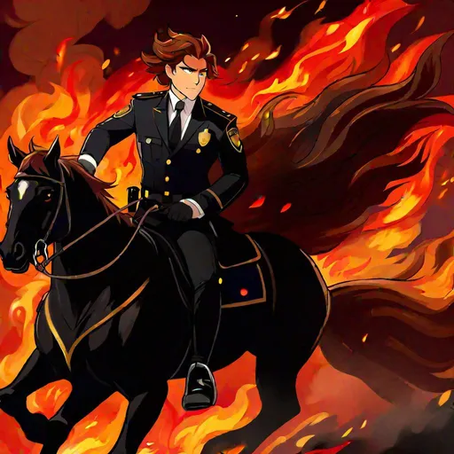 Prompt: Caleb  as a police officer (brown hair) (brown eyes) wearing a tuxedo, full body, riding a (demon horse, glowing red eyes, black coat, firey mane, and tail) running through hell