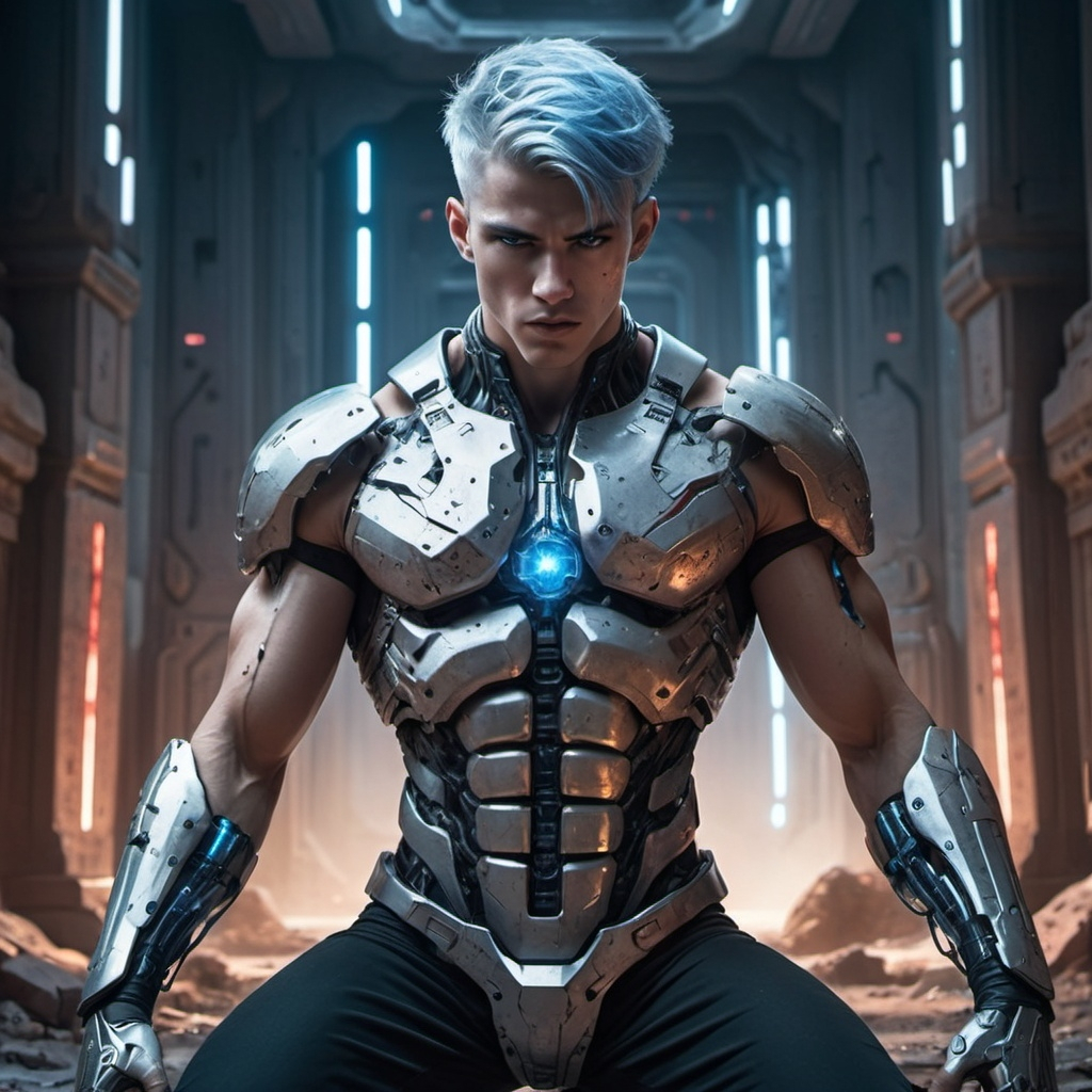 Image AI: Open Art: In front of a temple in deep space of futuristic setting, an injured 25 yrs old cyborg warrior is fighting, a split cut from forehead to toe split into 2 halves, his chest armor broken out shows inside flesh and circuit with many blood bleeding from wounds, broad shoulders, defined calves, sharp jawline, defined cheekbones, depth and detail in his hazel eyes, visible power core on his chest with strange ruins, visible machinery lines on the hand and legs. There are many stars in the background (silver platinum short hair, colored blue inner hair). (masterpiece, best quality:1.3), 8k, HDR, wallpaper, cinematic lighting.