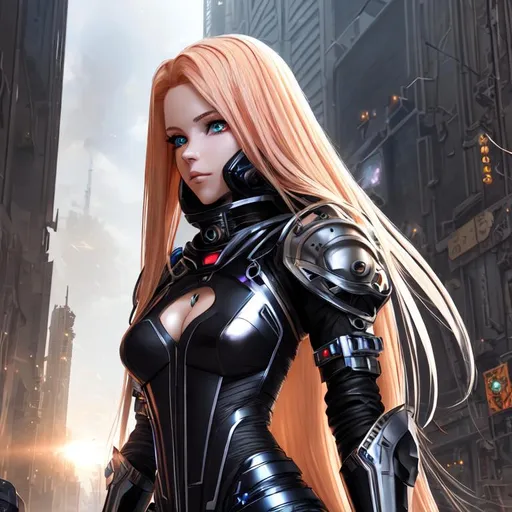 Prompt: illustration by Marc Simonetti, 19 years old, cyberqueen, long blonde hair with redhead highlights, cyberlox, cyber dust mask, keyhole, black transparent sleeveless top with solid color stand-up collar, Heterochromia eyes, bare shoulder, ethereal, highly detailed, highly and detailed background, apocalyptic city background, UHD, 128K, quality, trending on artstation, big eyes, artgerm, highest quality stylized character concept masterpiece, award winning digital 3d, hyper-realistic, intricate, 128K, UHD, HDR, image of a gorgeous, beautiful, dirty, highly detailed face, hyper-realistic facial features, cinematic 3D volumetric