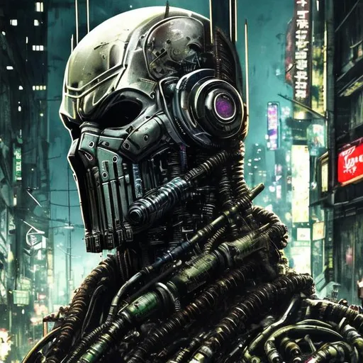Prompt: Cybernetic, olive and dark purple. Imperfect, Gritty, Todd McFarlane style futuristic army-trained villain batman punisher spawn. full face mask. Bloody. Hurt. Damaged. Accurate. realistic. evil eyes. Slow exposure. Detailed. Dirty. Dark and gritty. Post-apocalyptic Neo Tokyo .Futuristic. Shadows. Sinister. Armed. Fanatic. Intense. 