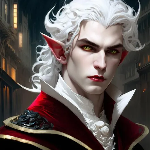 Prompt: Splash art portrait of male vampire, elf, androgynous, handsome, white haired man with short wavy white hair, {white eyebrows}, red eyes, victorian dark clothes, elegant, highly detailed, intricate, smooth, sharp focus, artstation, digital painting, concept art, art by greg rutkowski, alphonse mucha and John William Waterhouse