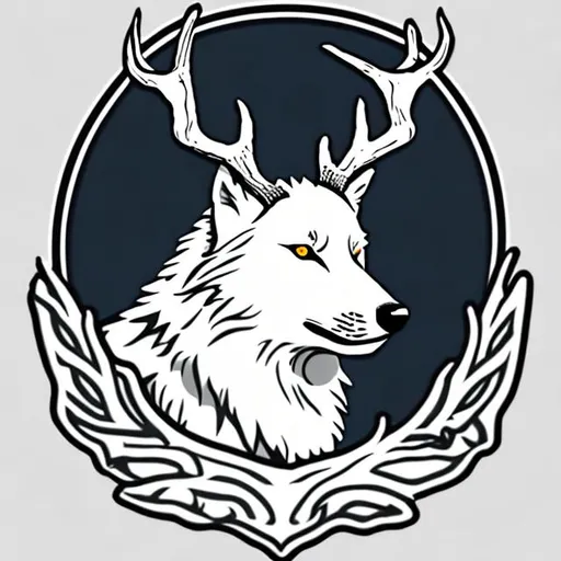 Prompt: White wolf with deer horns logo no background