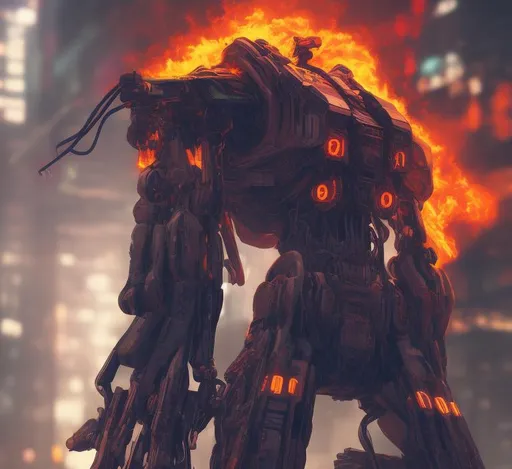 Prompt: Cyberpunk mech on fire


