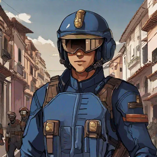 Prompt: Whole body. Full figure. A Venezualean soldier in scifi 20th century combat uniform. He has an helmet with a visor and a mouth protection.. Dark blue uniform with dark brown details. In background a scifi Spanish city. Rpg art. Rpg. 2d art 2d. Well draw face. Detailed. 