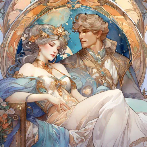 Prompt: Somnus, Tarot, alphonse mucha, rococo, trending on artstation, watercolor, fantasy artivan shishkin, akihito yoshida