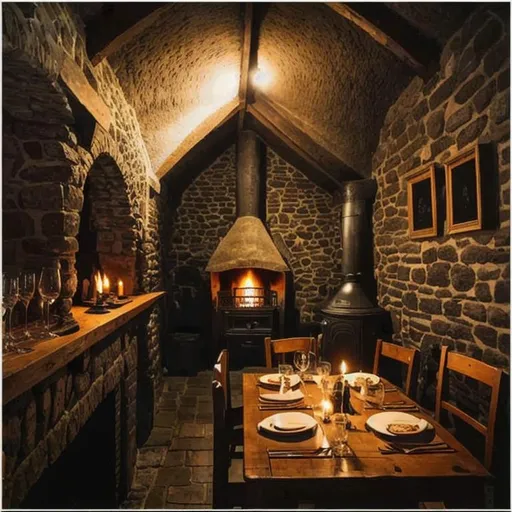 Prompt: a 14th century tavern interior, dark and mysterious, lit only by a small fireplace