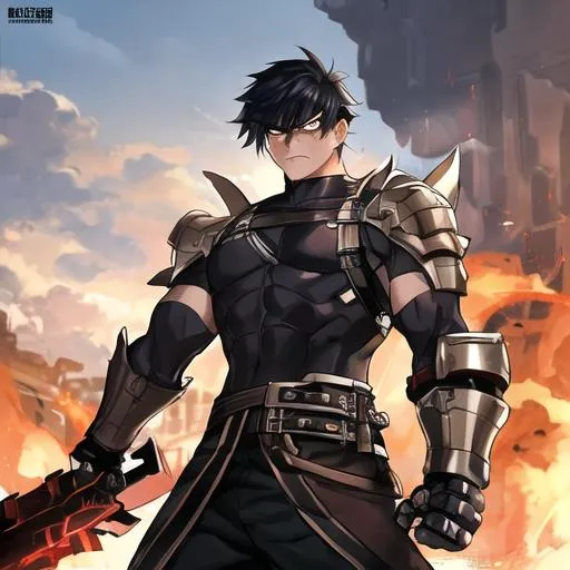 Prompt: man with a single large metal arm starting from his shoulder with fire coming from the palm of his hand is standing in a fighting pose, he has short black hair and brown eyes, he is muscular, he is not wearing a shirt, he is wearing, he has an evil look on his face