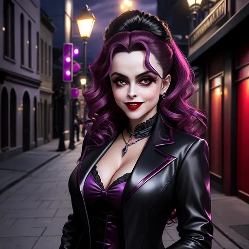 Prompt: Female Lasombra Vampire, 11th Generation, vampire, vampire real estate agent, looks like Helena Bonham Carter, dressed for the office, blood splashed across his cheek, his shadow forms a creepy tentacle, vampire the masquerade, detailed symmetrical face, malicious grin showing perfect teeth, city at night style background, well lit by street lights, vampire, real, alive, real skin textures,