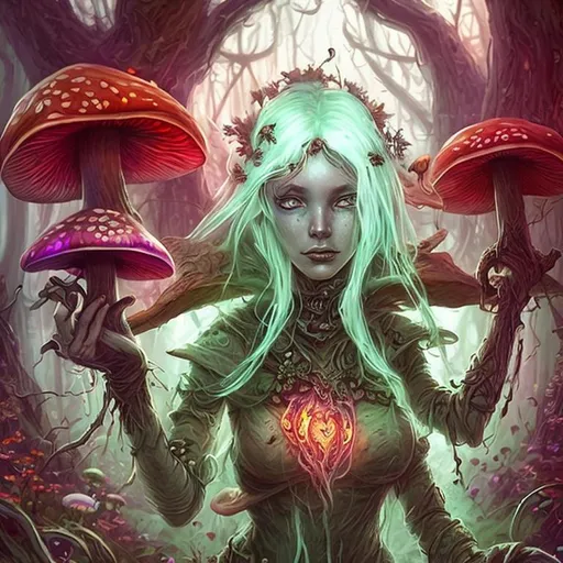 Prompt: Mysterious adventurer female druid of mushroom spores, detailed character portrait, dark fantasy vibe, creative dnd character ideas, lots of mushroom glow, grim dark, anxiety, light dress