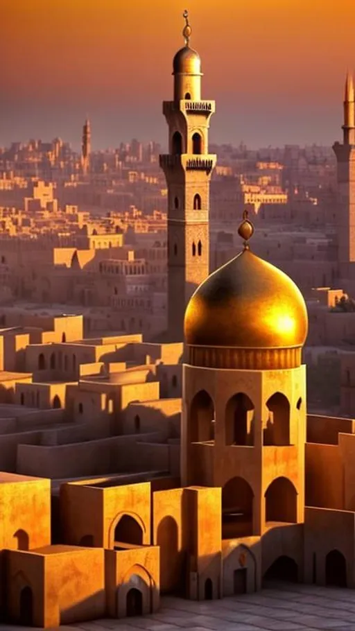 Prompt: A middle eastern city at sunset with a large tower. Make it look like an oil painting done in realism. Epic, golden hour, god rays.