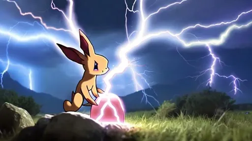 Prompt: evee touching a thunder stone to evolve while lightning hits in the background