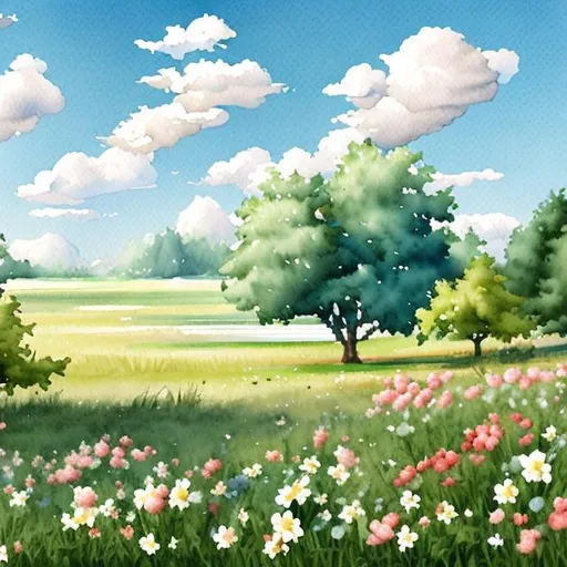 Prompt: paint a watercolour painting with a couple picnicking, one cherry tree in pink, pale blue sky and white a couple of clouds, pastel green tones for the grass. Create a high pixel quality spring scene in nature using the items mentioned in the previous sentence. 
