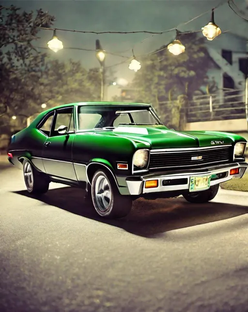 Prompt: Revive the spirit of the ((1970 Nova)) with a captivating image of this classic car model in green. Showcase its vintage charm and powerful design. Lighting: Classic spotlight enhancing the car's allure. Mood: A journey to the golden era of automobiles.