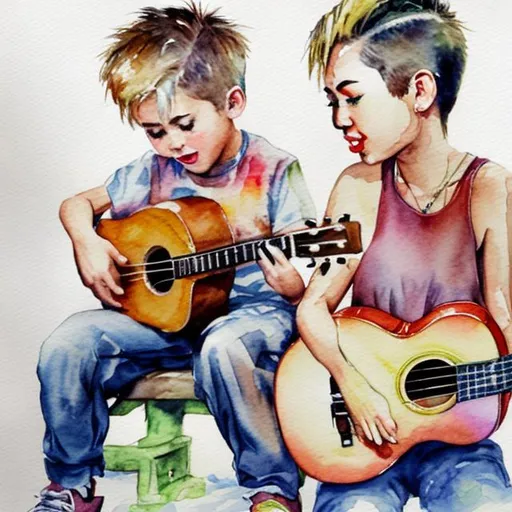 Prompt: water color of a miley cyrus and boy playing the ukulele 