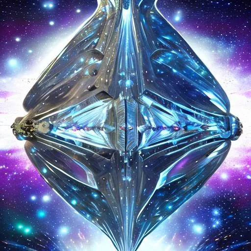 Prompt: Bio-Space ship of metallic flesh, crystal form, space whale, symmetrical , in the style of startrek, realistic, zoom out,  theatrical splash panel, space battle