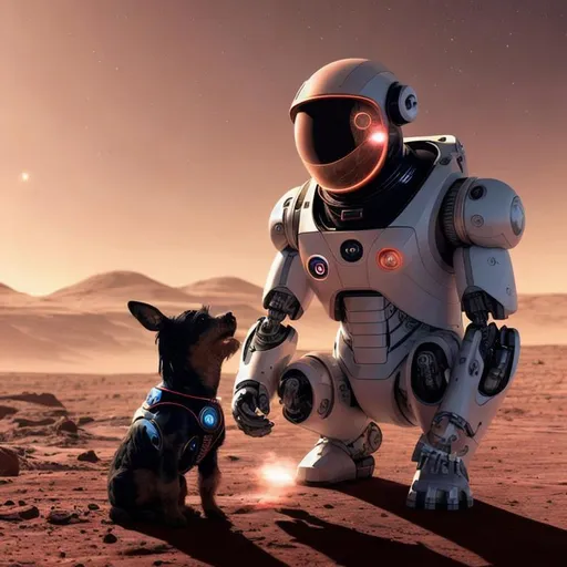 Prompt: image of cyborg Elon Musk with robot yorkie terrier on Mars, aliens and moon, beams of neon rays, ai render, smoke, water, black mirror