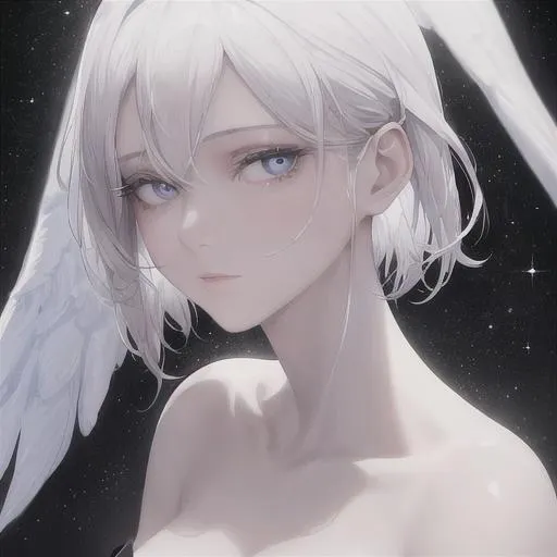 Prompt: "A close-up photo of a gorgeous short cosmic haired woman, angelic eyes, in hyperrealistic detail, with a slight hint of loneliness in her eyes. Her face is the center of attention, with a sense of allure and mystery that draws the viewer in, but her eyes are also slightly downcast, as if a sense of loneliness is lingering in her thoughts. The detailing of her face is stunning, with every pore, freckle, and line rendered in vivid detail, but the image also captures the subtle emotions of loneliness that might lie beneath her surface." Wearing a black night gown