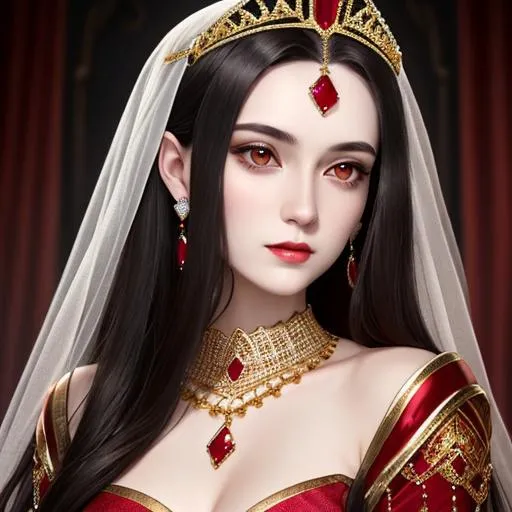 Prompt: Woman with long dark hair, pale skin,wearing a ruby tiara and  gold jewelry, pretty makeup, facial closeup