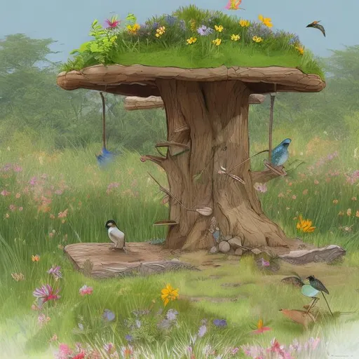 Prompt: Concept art of a natural rest stop for birds and animals that provides food and filled with wild flowers 