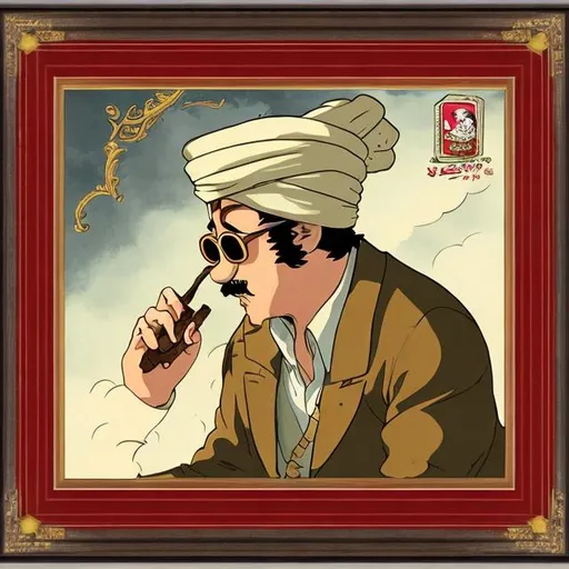 Prompt: cat in a turban smoking cigar in yemen ghibli frame