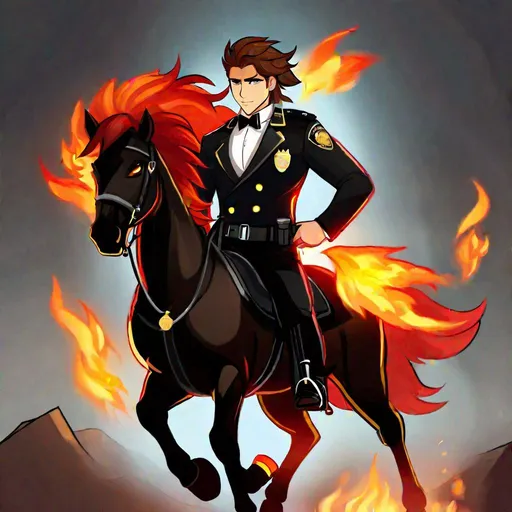 Prompt: Caleb  as a police officer (brown hair) (brown eyes) wearing a tuxedo, full body, riding a (demon horse, glowing red eyes, black coat, firey mane and tail)