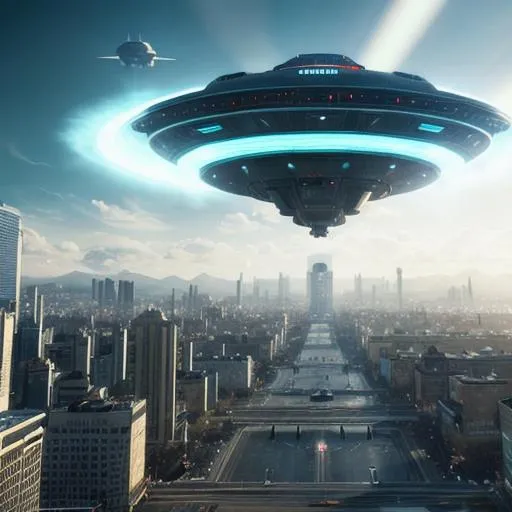 Prompt: 8k portrait of a ufo alien craft floating above a city, abducting humans through rays of light, high details, wind draft, cinematic style, xfiles, deviantart rendered in unreal engine 5, intricate details