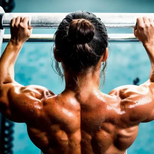Prompt: wet back of woman doing pull ups