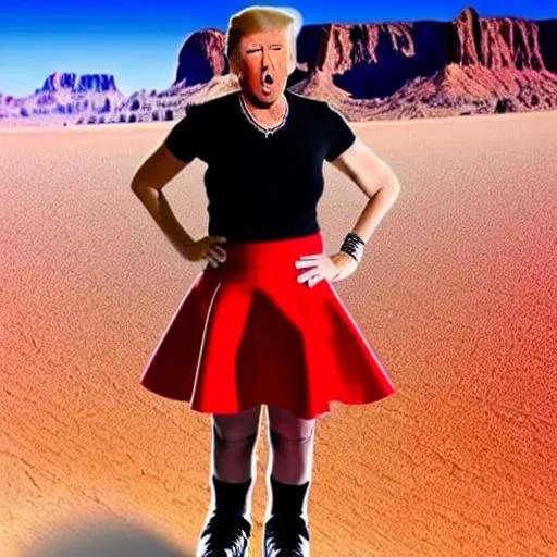 Prompt: Trump wears a short red skirt and is rollerblading in the desert 
