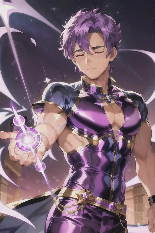 Prompt: (masterpiece, illustration, best quality:1.2), Luke Perry summoning a purple electricity, male, solo, closed eyes, tan skin, wearing beautifully detailed purple mage clothes, stray hairs, calm demeanor, closed eyes, vibrant purple short hair, bright purple hair, purple hair, beautiful white hair tips, wearing beautifully detailed purple mage clothes, finely detailed,  detailed face, toned face, eyes closed, cape, detailed jewelry, clothing, wearing beautifully detailed purple mage clothes, cool pose, beautiful detailed shading, beautifully detailed college background, fantasy background, sharp focus, absurdres, highres, cinematic lighting, street photography, macro detailed shading, smooth soft detailed skin, {{hyper detailed}}, photo realistic, {{{masterpiece}}}, glowing light, detailed background, hair between eyes, dynamic angle, library, 4K, HDR, perfect eyes