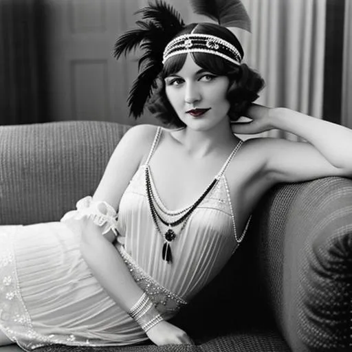 Prompt: 1920s flapper laying on a fainting couch with headpiece