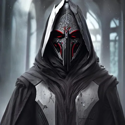 Prompt: Male Sith, White Mask, Narrow Black Eyes, Red Tears, Smooth Nose, Expressionless Mouth, Tattered Black Robe with hood