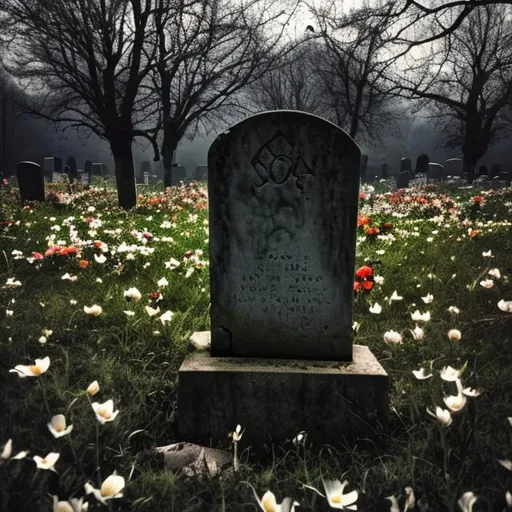 Prompt: grave, nature, depressing, dark, flowers, spring
