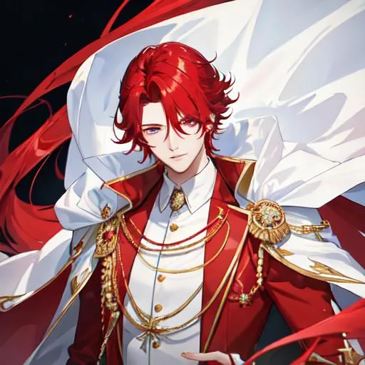 Prompt: Zerif 1male (Red side-swept hair covering his right eye) wearing a royal suit, white cape, 