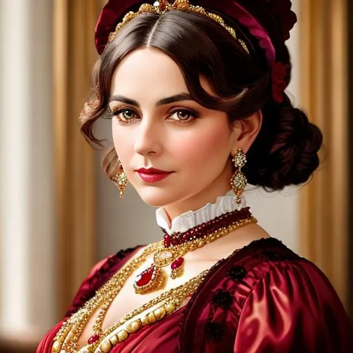 Prompt: Wealthy, stylish lady of the Victorian era, wearing ruby and gold jewelry, wearing ,facial closeup